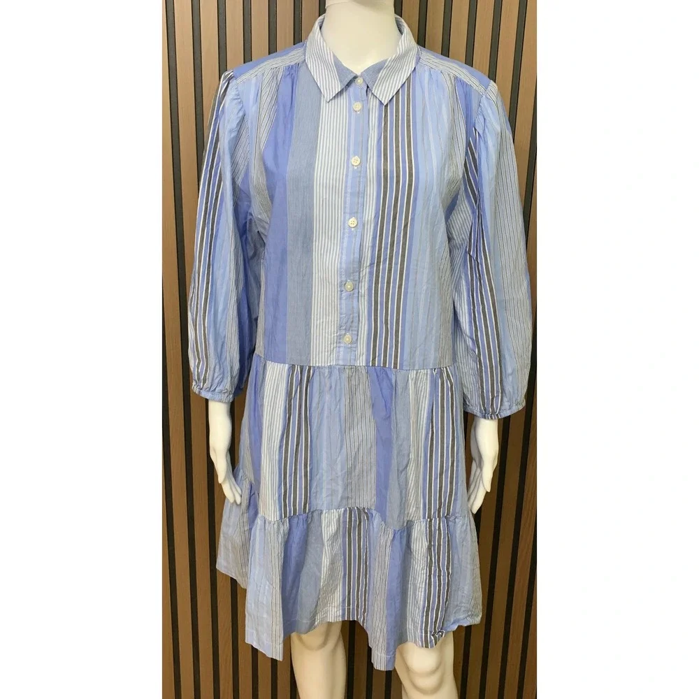 Gap Blue Mixed Stripe Tiered Shirt Dress Cotton L 3/4 Sleeve Casual Mini - Picture 1 of 12